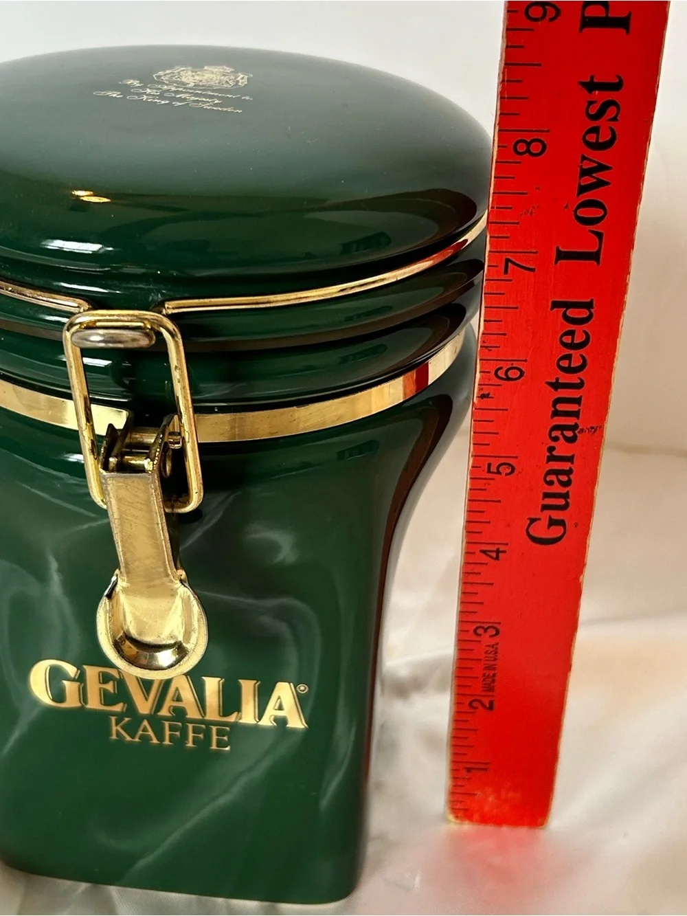 Gevalia Kaffe Canister Hinged Clamped Dark Green Gold Ceramic Holds 1 Lb